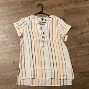 Ellen Tracy Striped Button Down Shirt - White, Yellow, Pink, Blue